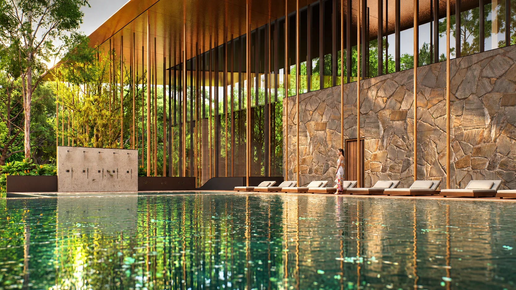 Golden-hour forest spa pavilion