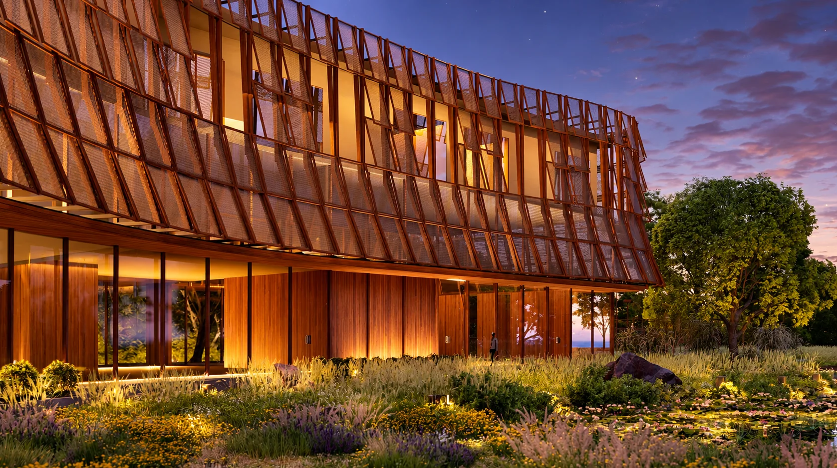 Twilight pavilion amidst lush gardens